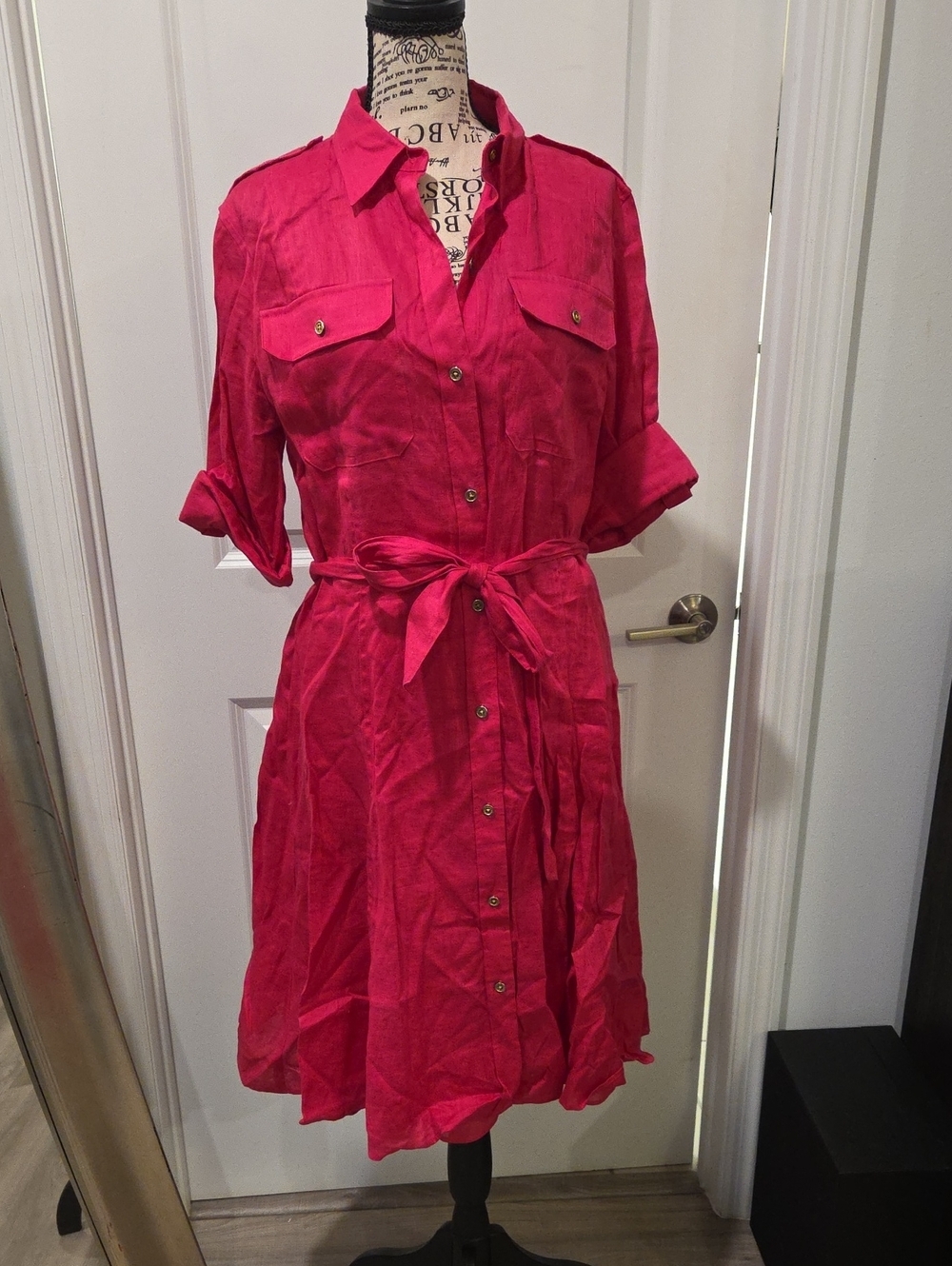 Lauren Ralph Lauren Belted 100% Linen Hot Pink Long Sleeve Shirt Dress Size L!